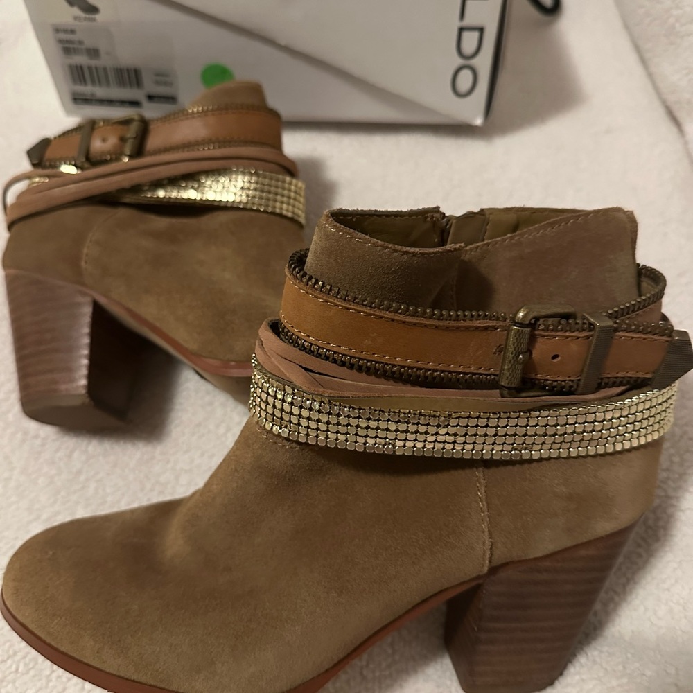 Aldo Tan Suede Ankle Boots with Gold Accents